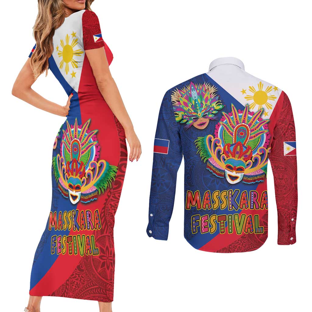 Philippines MassKara Couples Matching Short Sleeve Bodycon Dress and Long Sleeve Button Shirt Filipino Carnival Mask and Polynesian Pattern - Wonder Print Shop
