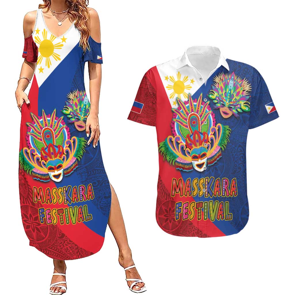 Philippines MassKara Couples Matching Summer Maxi Dress and Hawaiian Shirt Filipino Carnival Mask and Polynesian Pattern - Wonder Print Shop