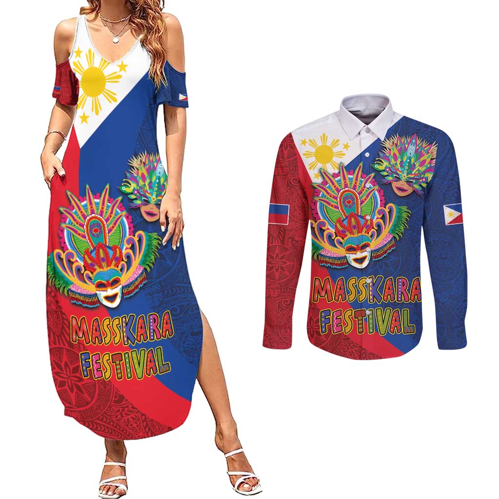 Philippines MassKara Couples Matching Summer Maxi Dress and Long Sleeve Button Shirt Filipino Carnival Mask and Polynesian Pattern - Wonder Print Shop
