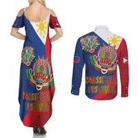 Philippines MassKara Couples Matching Summer Maxi Dress and Long Sleeve Button Shirt Filipino Carnival Mask and Polynesian Pattern - Wonder Print Shop