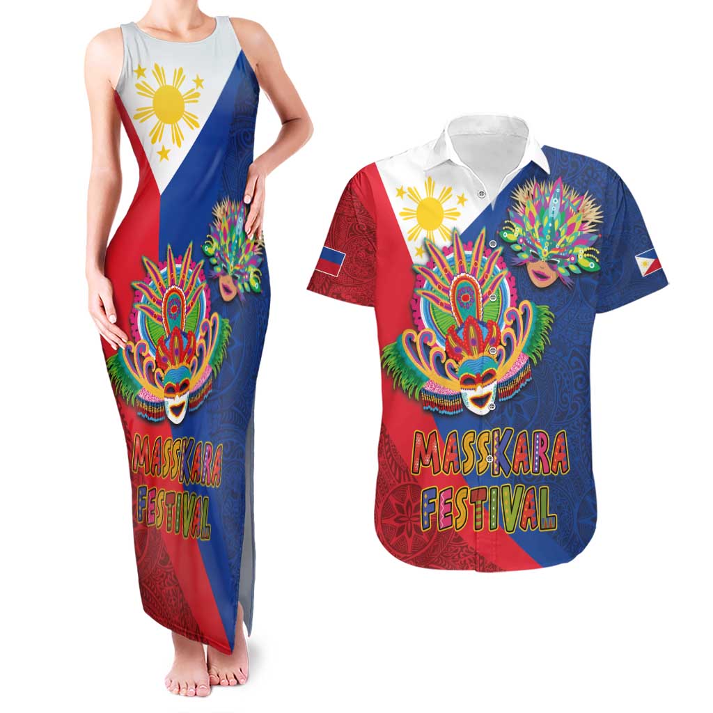 Philippines MassKara Couples Matching Tank Maxi Dress and Hawaiian Shirt Filipino Carnival Mask and Polynesian Pattern - Wonder Print Shop
