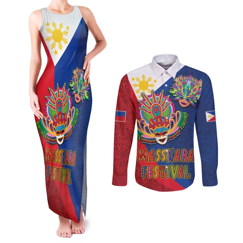 Philippines MassKara Couples Matching Tank Maxi Dress and Long Sleeve Button Shirt Filipino Carnival Mask and Polynesian Pattern - Wonder Print Shop