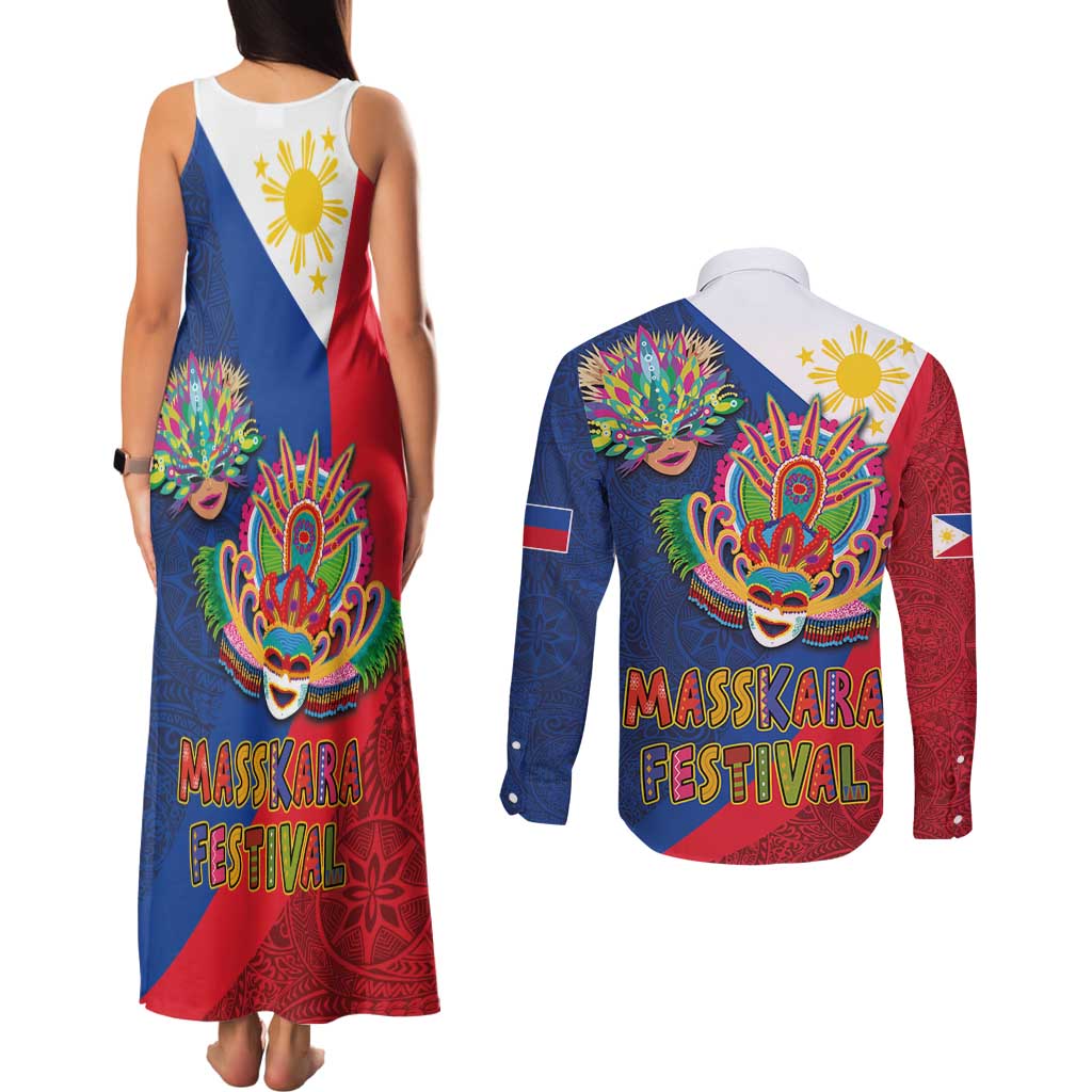 Philippines MassKara Couples Matching Tank Maxi Dress and Long Sleeve Button Shirt Filipino Carnival Mask and Polynesian Pattern - Wonder Print Shop