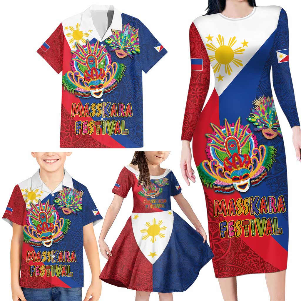 Philippines MassKara Family Matching Long Sleeve Bodycon Dress and Hawaiian Shirt Filipino Carnival Mask and Polynesian Pattern - Wonder Print Shop