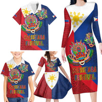 Philippines MassKara Family Matching Long Sleeve Bodycon Dress and Hawaiian Shirt Filipino Carnival Mask and Polynesian Pattern - Wonder Print Shop