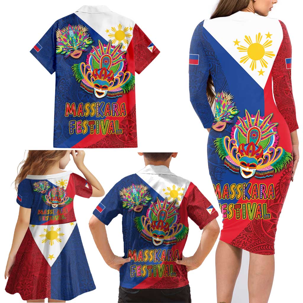 Philippines MassKara Family Matching Long Sleeve Bodycon Dress and Hawaiian Shirt Filipino Carnival Mask and Polynesian Pattern - Wonder Print Shop