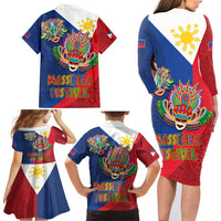 Philippines MassKara Family Matching Long Sleeve Bodycon Dress and Hawaiian Shirt Filipino Carnival Mask and Polynesian Pattern - Wonder Print Shop
