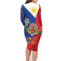 Philippines MassKara Family Matching Long Sleeve Bodycon Dress and Hawaiian Shirt Filipino Carnival Mask and Polynesian Pattern - Wonder Print Shop