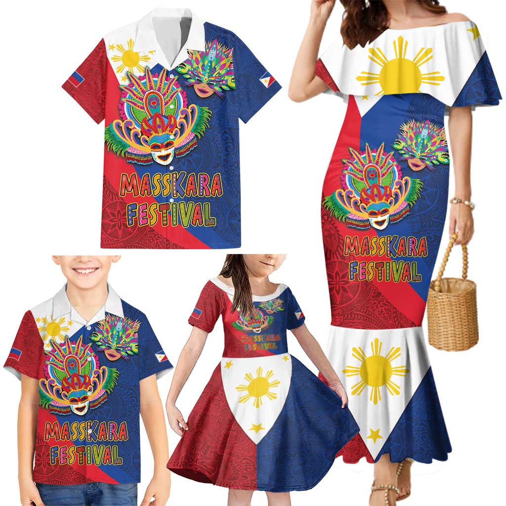 Philippines MassKara Family Matching Mermaid Dress and Hawaiian Shirt Filipino Carnival Mask and Polynesian Pattern - Wonder Print Shop
