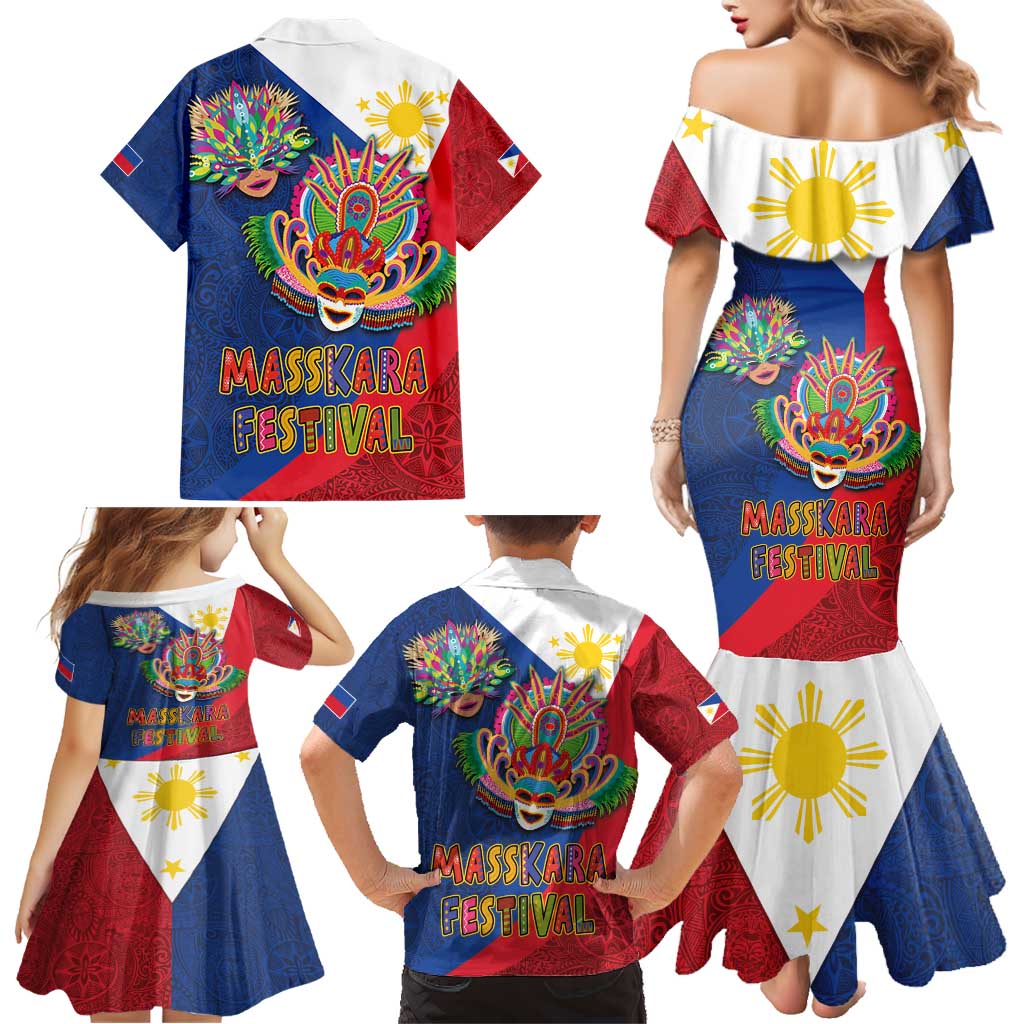 Philippines MassKara Family Matching Mermaid Dress and Hawaiian Shirt Filipino Carnival Mask and Polynesian Pattern - Wonder Print Shop