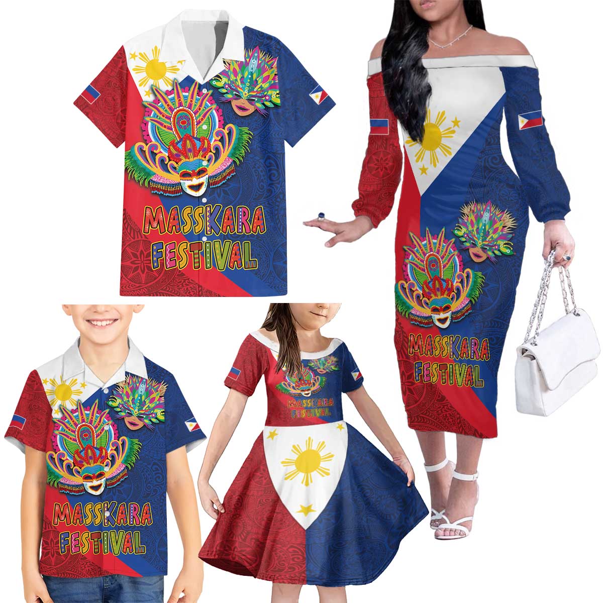 Philippines MassKara Family Matching Off The Shoulder Long Sleeve Dress and Hawaiian Shirt Filipino Carnival Mask and Polynesian Pattern - Wonder Print Shop