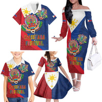 Philippines MassKara Family Matching Off The Shoulder Long Sleeve Dress and Hawaiian Shirt Filipino Carnival Mask and Polynesian Pattern - Wonder Print Shop