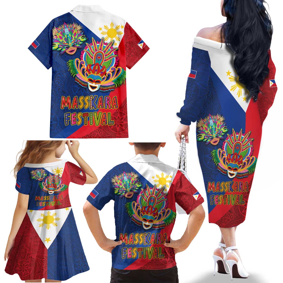 Philippines MassKara Family Matching Off The Shoulder Long Sleeve Dress and Hawaiian Shirt Filipino Carnival Mask and Polynesian Pattern - Wonder Print Shop