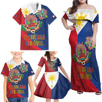 Philippines MassKara Family Matching Off Shoulder Maxi Dress and Hawaiian Shirt Filipino Carnival Mask and Polynesian Pattern - Wonder Print Shop