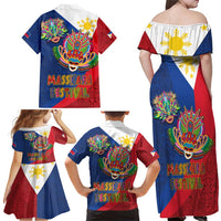 Philippines MassKara Family Matching Off Shoulder Maxi Dress and Hawaiian Shirt Filipino Carnival Mask and Polynesian Pattern - Wonder Print Shop