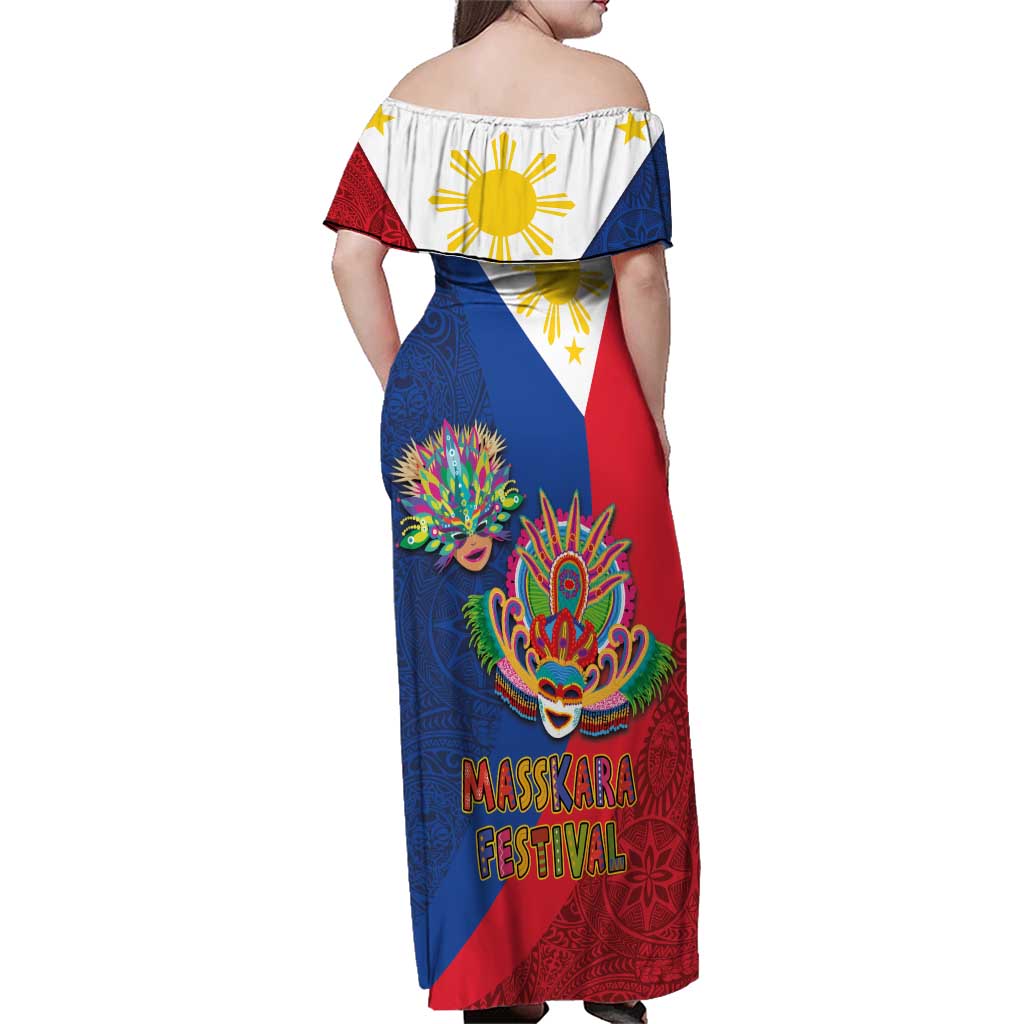 Philippines MassKara Family Matching Off Shoulder Maxi Dress and Hawaiian Shirt Filipino Carnival Mask and Polynesian Pattern - Wonder Print Shop