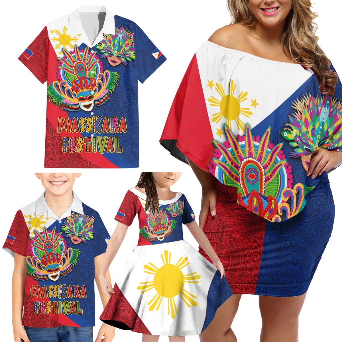 Philippines MassKara Family Matching Off Shoulder Short Dress and Hawaiian Shirt Filipino Carnival Mask and Polynesian Pattern - Wonder Print Shop
