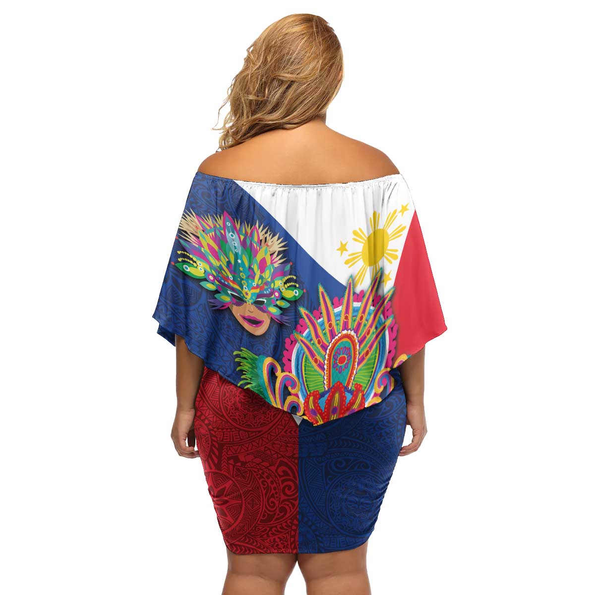 Philippines MassKara Family Matching Off Shoulder Short Dress and Hawaiian Shirt Filipino Carnival Mask and Polynesian Pattern - Wonder Print Shop