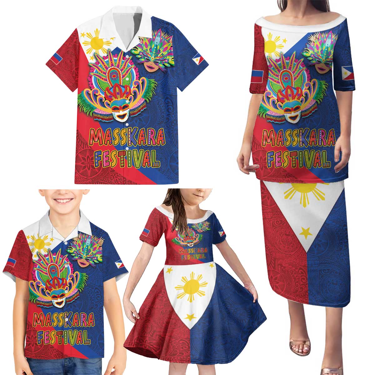 Philippines MassKara Family Matching Puletasi and Hawaiian Shirt Filipino Carnival Mask and Polynesian Pattern - Wonder Print Shop