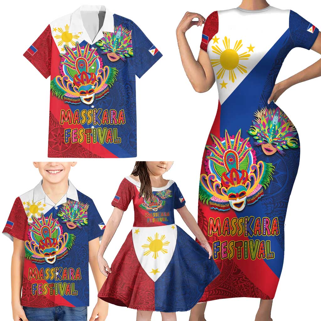 Philippines MassKara Family Matching Short Sleeve Bodycon Dress and Hawaiian Shirt Filipino Carnival Mask and Polynesian Pattern - Wonder Print Shop