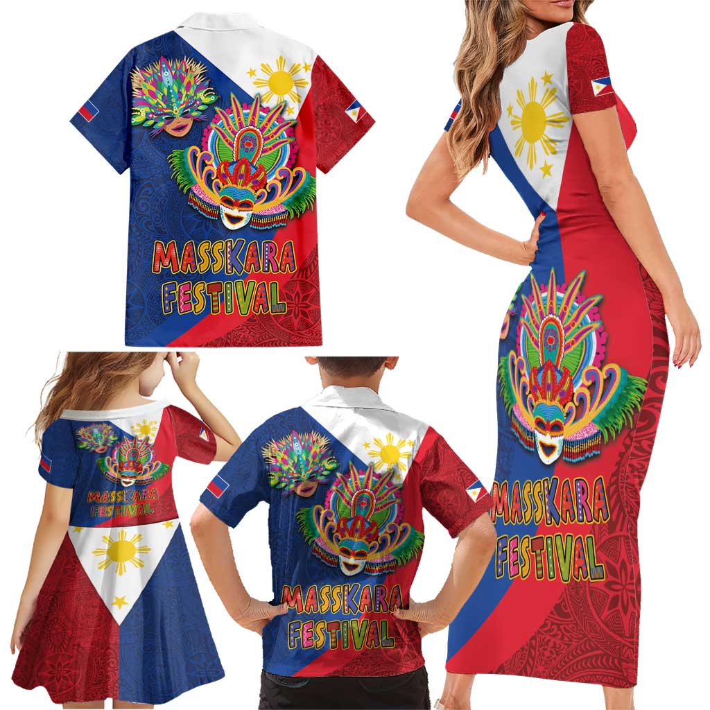 Philippines MassKara Family Matching Short Sleeve Bodycon Dress and Hawaiian Shirt Filipino Carnival Mask and Polynesian Pattern - Wonder Print Shop