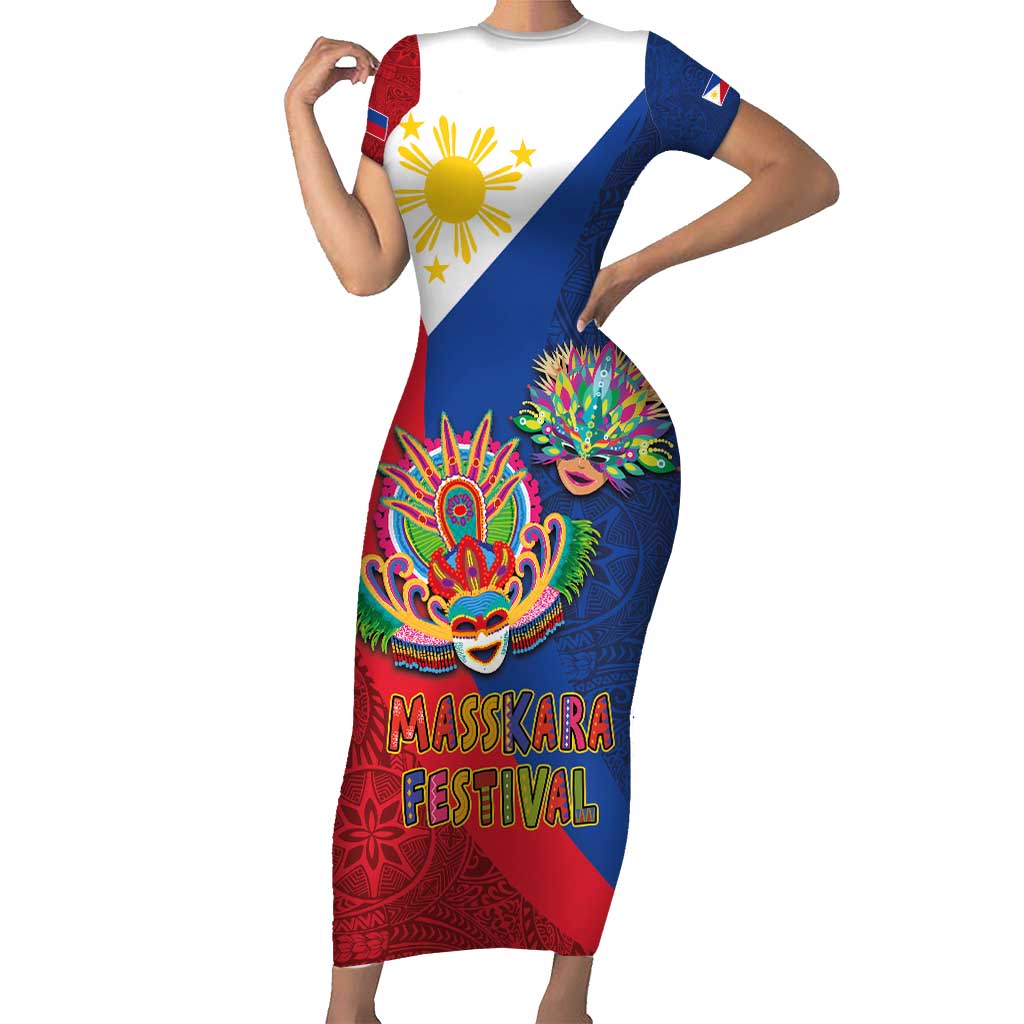 Philippines MassKara Family Matching Short Sleeve Bodycon Dress and Hawaiian Shirt Filipino Carnival Mask and Polynesian Pattern - Wonder Print Shop