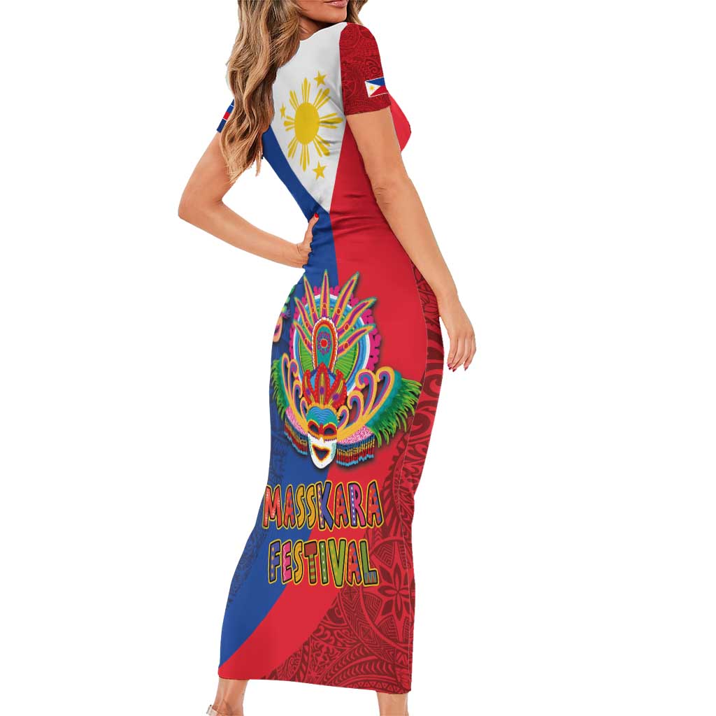 Philippines MassKara Family Matching Short Sleeve Bodycon Dress and Hawaiian Shirt Filipino Carnival Mask and Polynesian Pattern - Wonder Print Shop