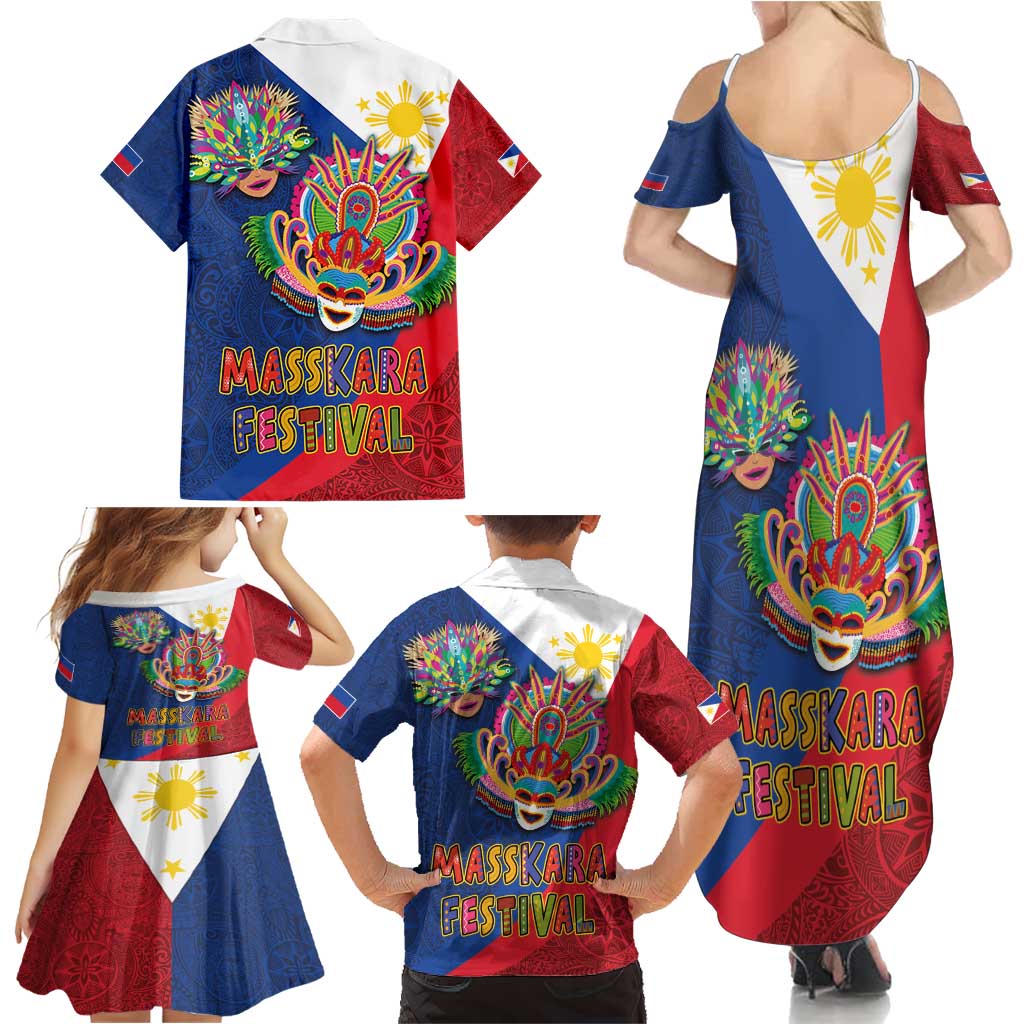 Philippines MassKara Family Matching Summer Maxi Dress and Hawaiian Shirt Filipino Carnival Mask and Polynesian Pattern - Wonder Print Shop