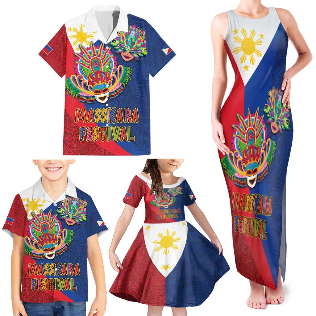 Philippines MassKara Family Matching Tank Maxi Dress and Hawaiian Shirt Filipino Carnival Mask and Polynesian Pattern - Wonder Print Shop