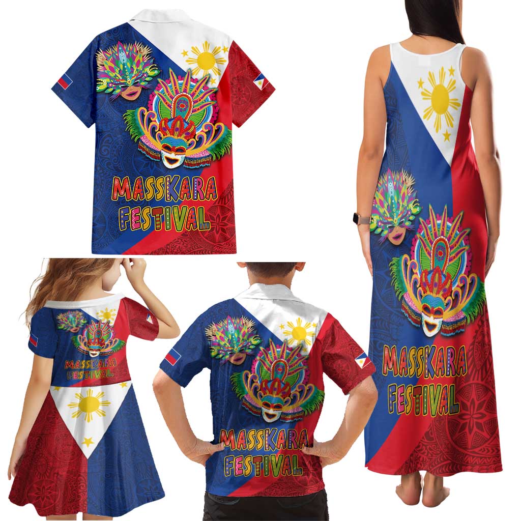 Philippines MassKara Family Matching Tank Maxi Dress and Hawaiian Shirt Filipino Carnival Mask and Polynesian Pattern - Wonder Print Shop
