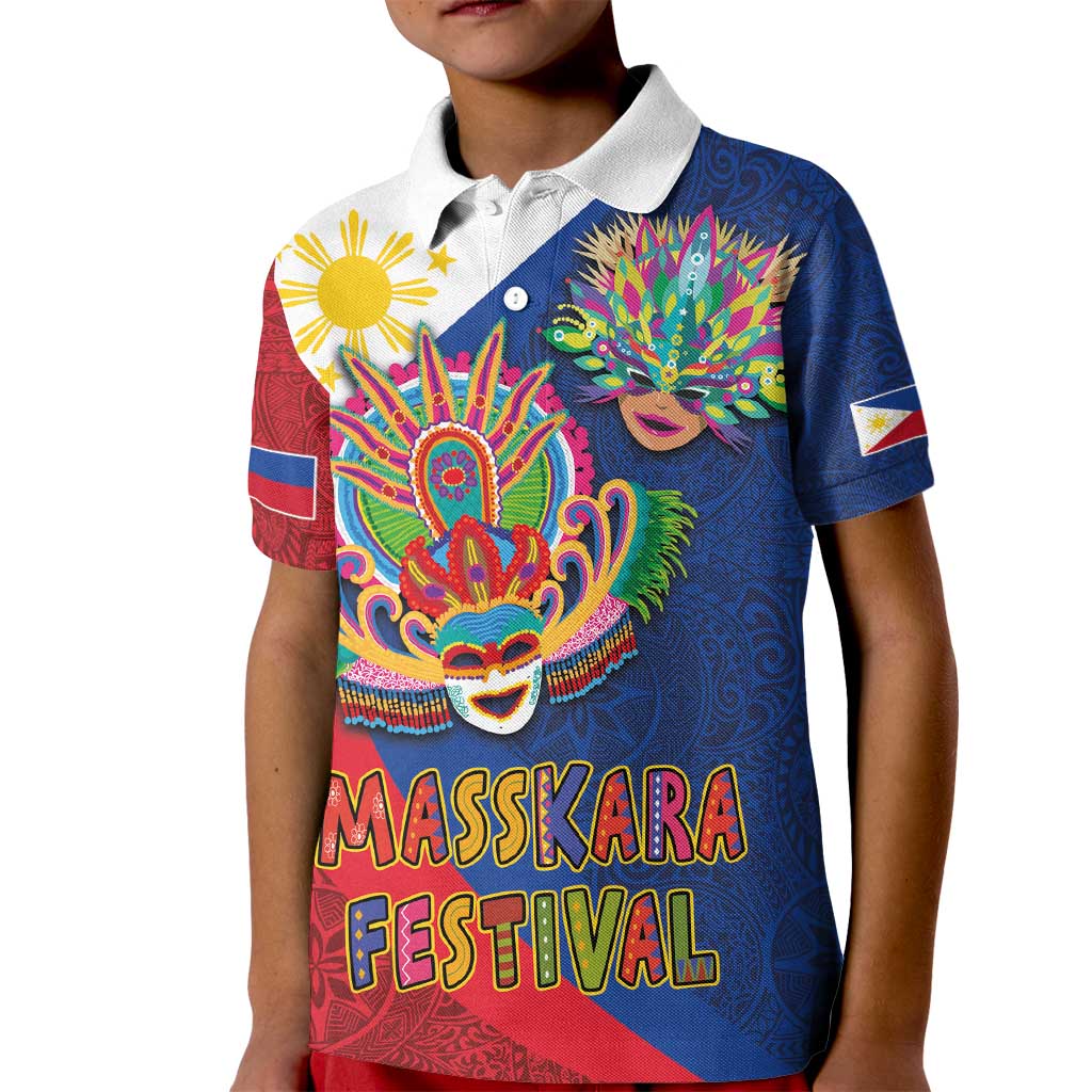 Philippines MassKara Kid Polo Shirt Filipino Carnival Mask and Polynesian Pattern - Wonder Print Shop