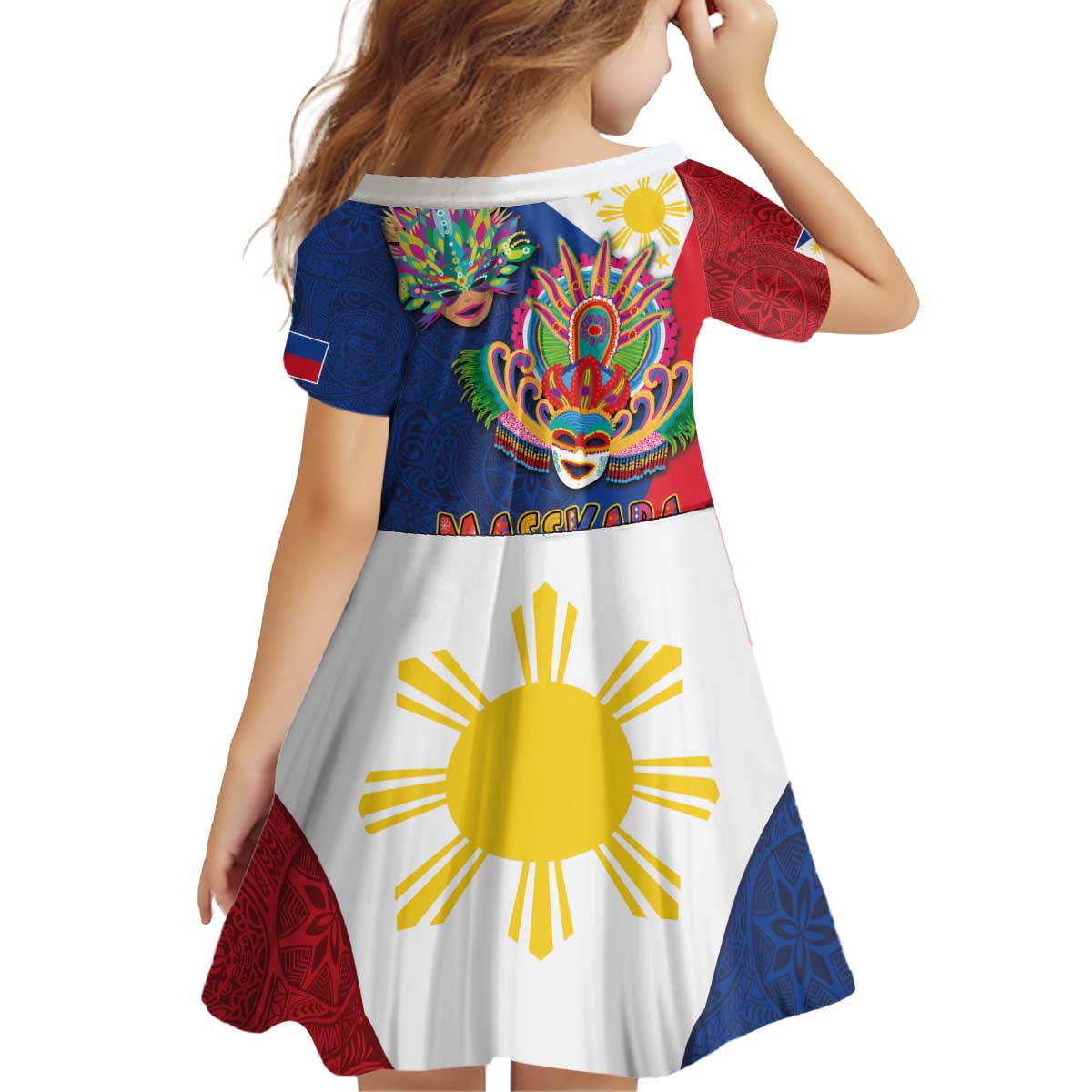 Philippines MassKara Kid Short Sleeve Dress Filipino Carnival Mask and Polynesian Pattern - Wonder Print Shop