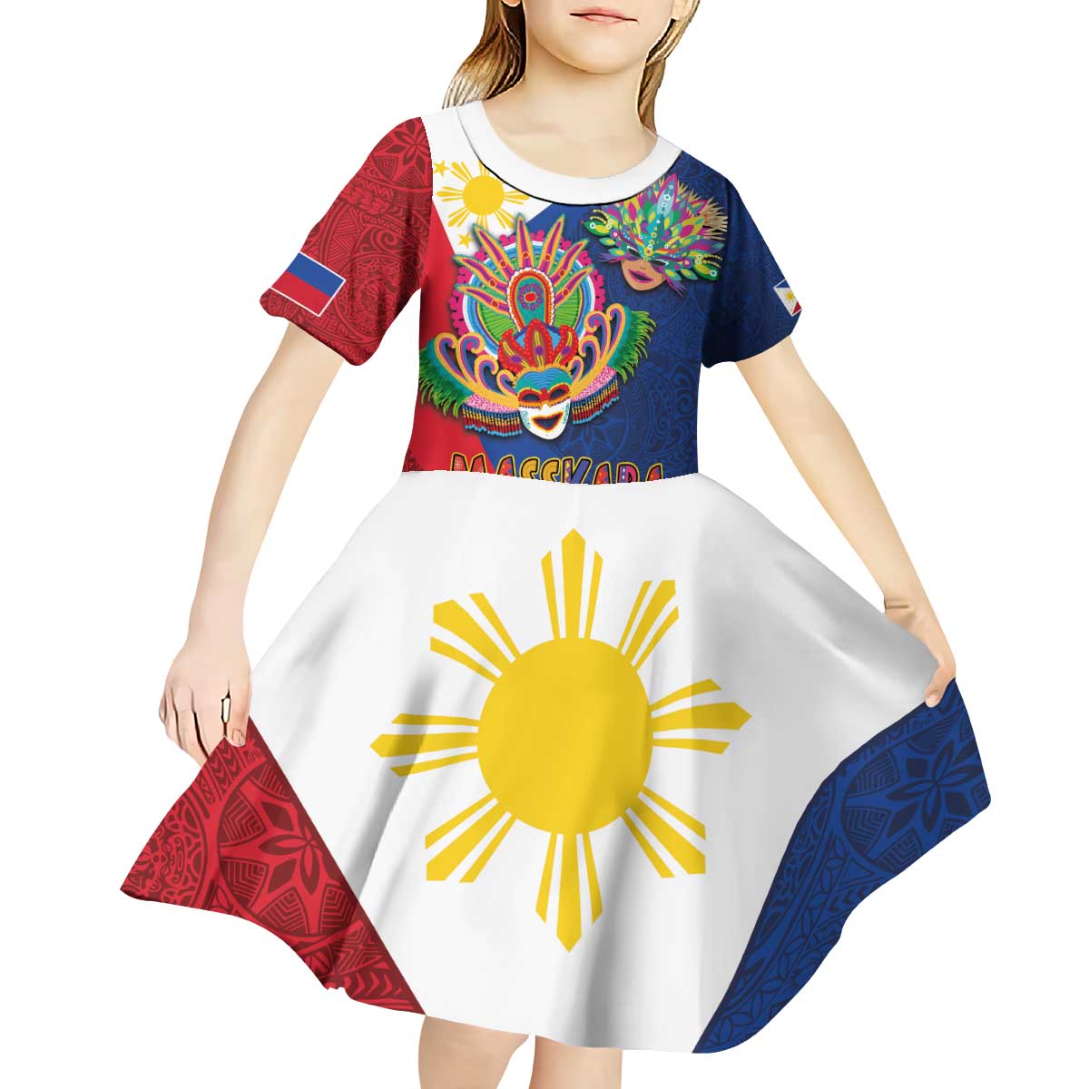 Philippines MassKara Kid Short Sleeve Dress Filipino Carnival Mask and Polynesian Pattern - Wonder Print Shop