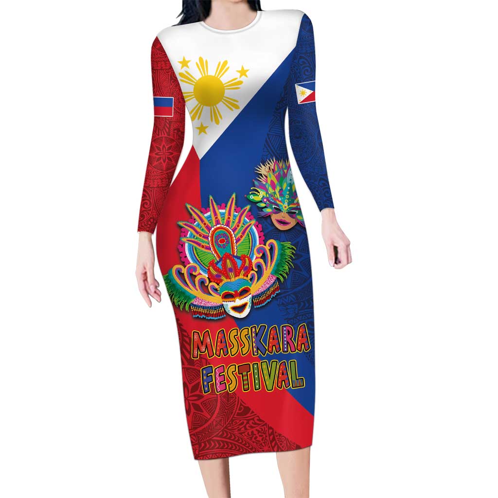 Philippines MassKara Long Sleeve Bodycon Dress Filipino Carnival Mask and Polynesian Pattern - Wonder Print Shop