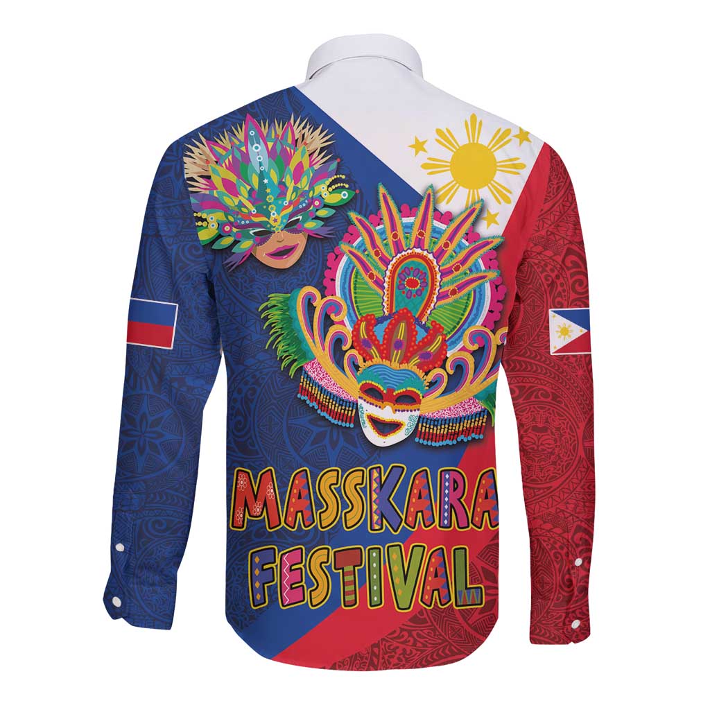 Philippines MassKara Long Sleeve Button Shirt Filipino Carnival Mask and Polynesian Pattern - Wonder Print Shop