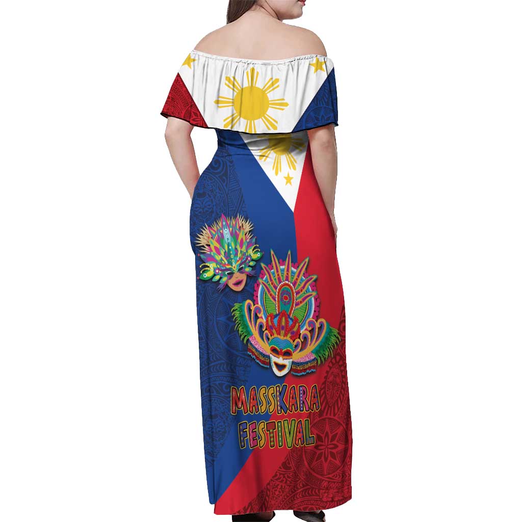 Philippines MassKara Off Shoulder Maxi Dress Filipino Carnival Mask and Polynesian Pattern - Wonder Print Shop