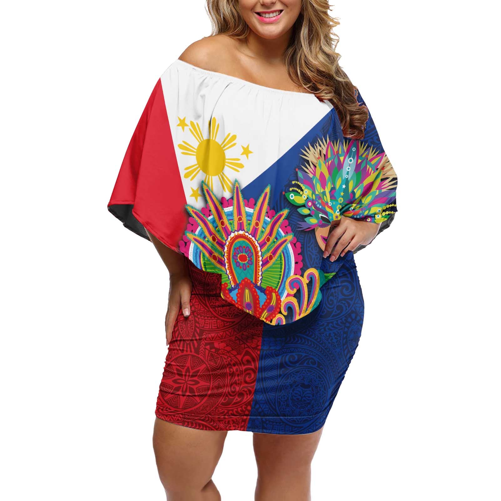 Philippines MassKara Off Shoulder Short Dress Filipino Carnival Mask and Polynesian Pattern - Wonder Print Shop
