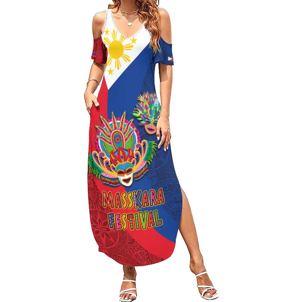 Philippines MassKara Summer Maxi Dress Filipino Carnival Mask and Polynesian Pattern - Wonder Print Shop