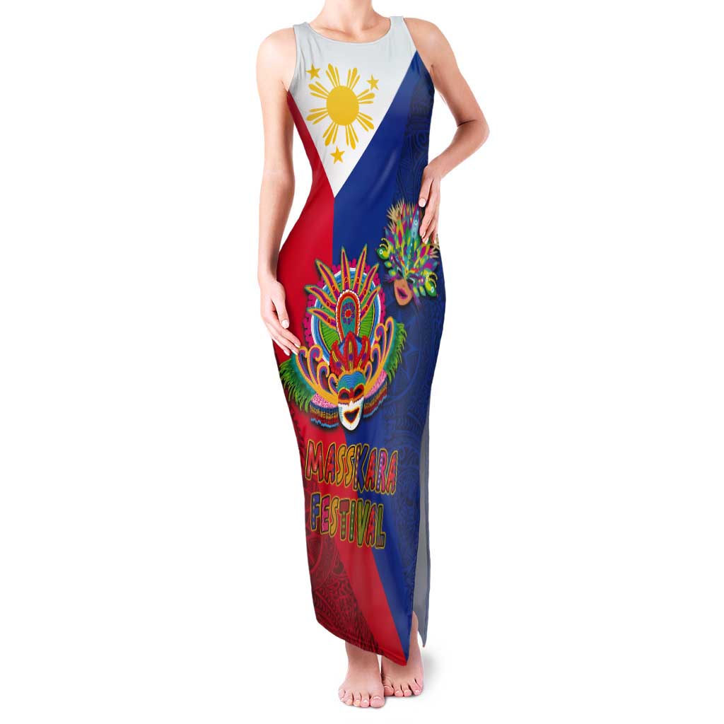 Philippines MassKara Tank Maxi Dress Filipino Carnival Mask and Polynesian Pattern - Wonder Print Shop