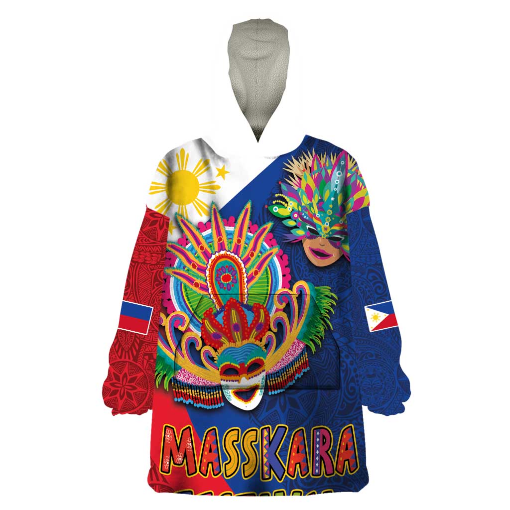 Philippines MassKara Wearable Blanket Hoodie Filipino Carnival Mask and Polynesian Pattern - Wonder Print Shop