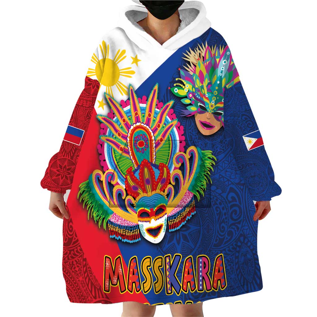 Philippines MassKara Wearable Blanket Hoodie Filipino Carnival Mask and Polynesian Pattern - Wonder Print Shop