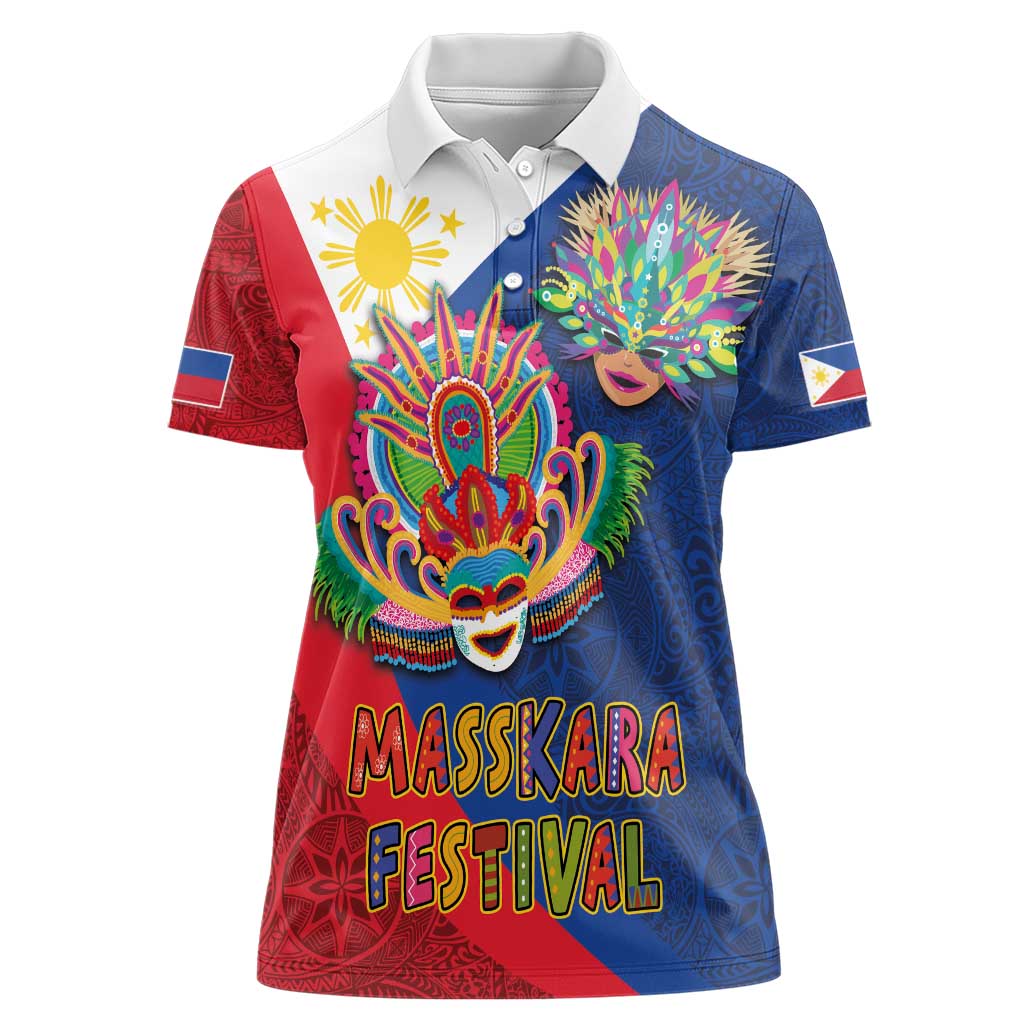 Philippines MassKara Women Polo Shirt Filipino Carnival Mask and Polynesian Pattern - Wonder Print Shop