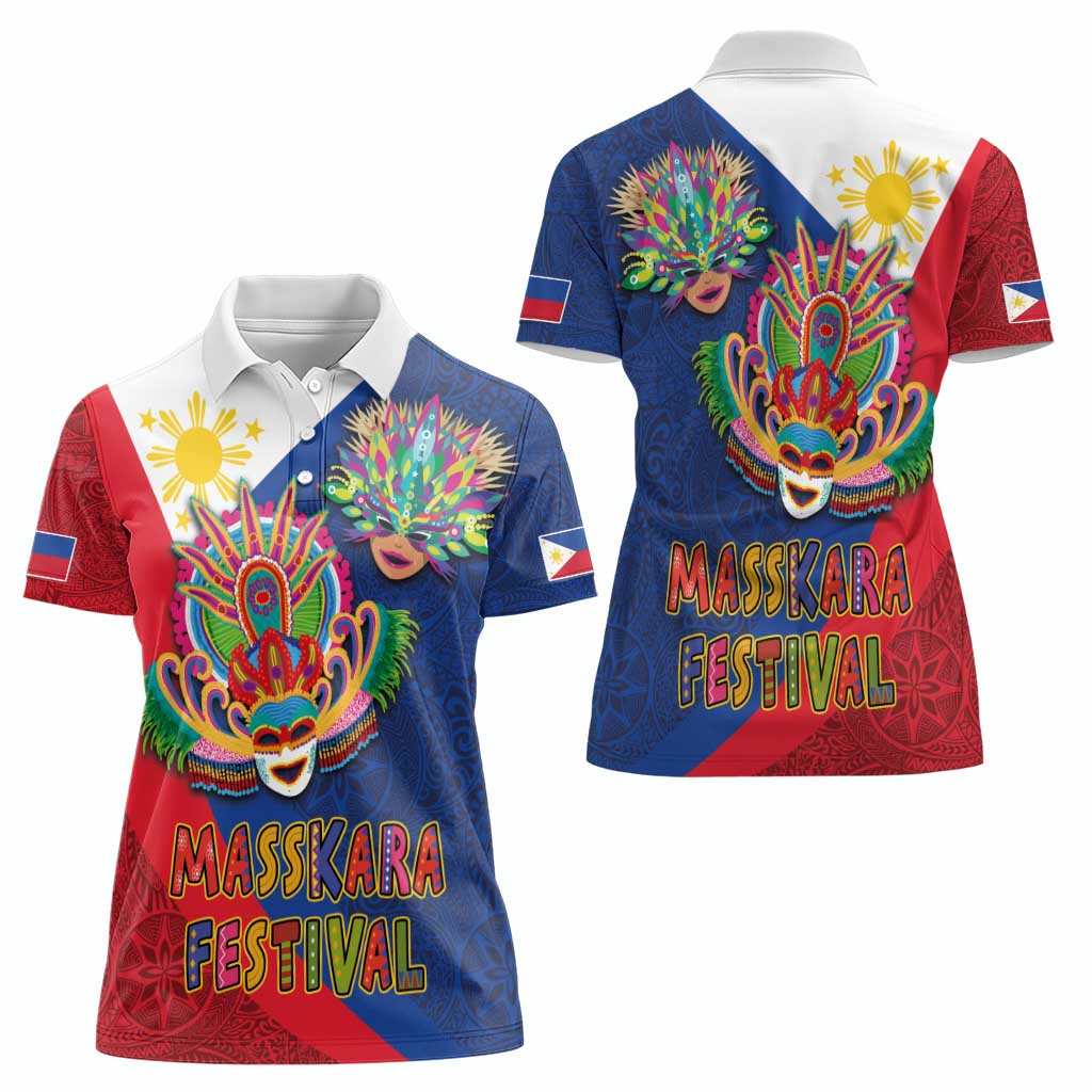 Philippines MassKara Women Polo Shirt Filipino Carnival Mask and Polynesian Pattern - Wonder Print Shop