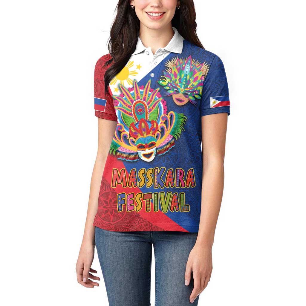 Philippines MassKara Women Polo Shirt Filipino Carnival Mask and Polynesian Pattern - Wonder Print Shop