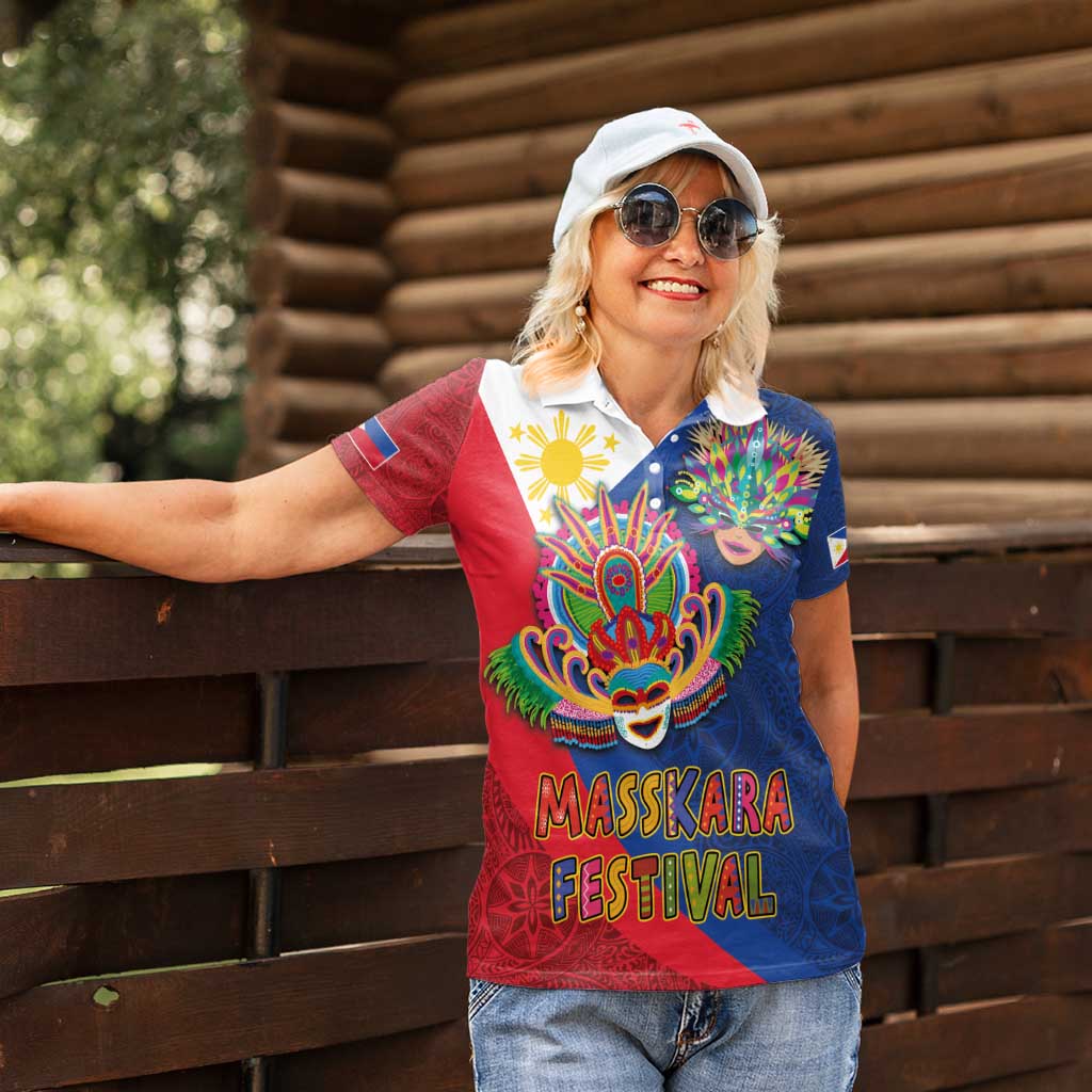 Philippines MassKara Women Polo Shirt Filipino Carnival Mask and Polynesian Pattern - Wonder Print Shop