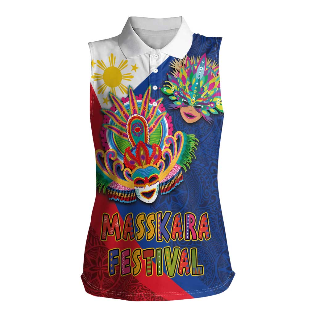 Philippines MassKara Women Sleeveless Polo Shirt Filipino Carnival Mask and Polynesian Pattern - Wonder Print Shop