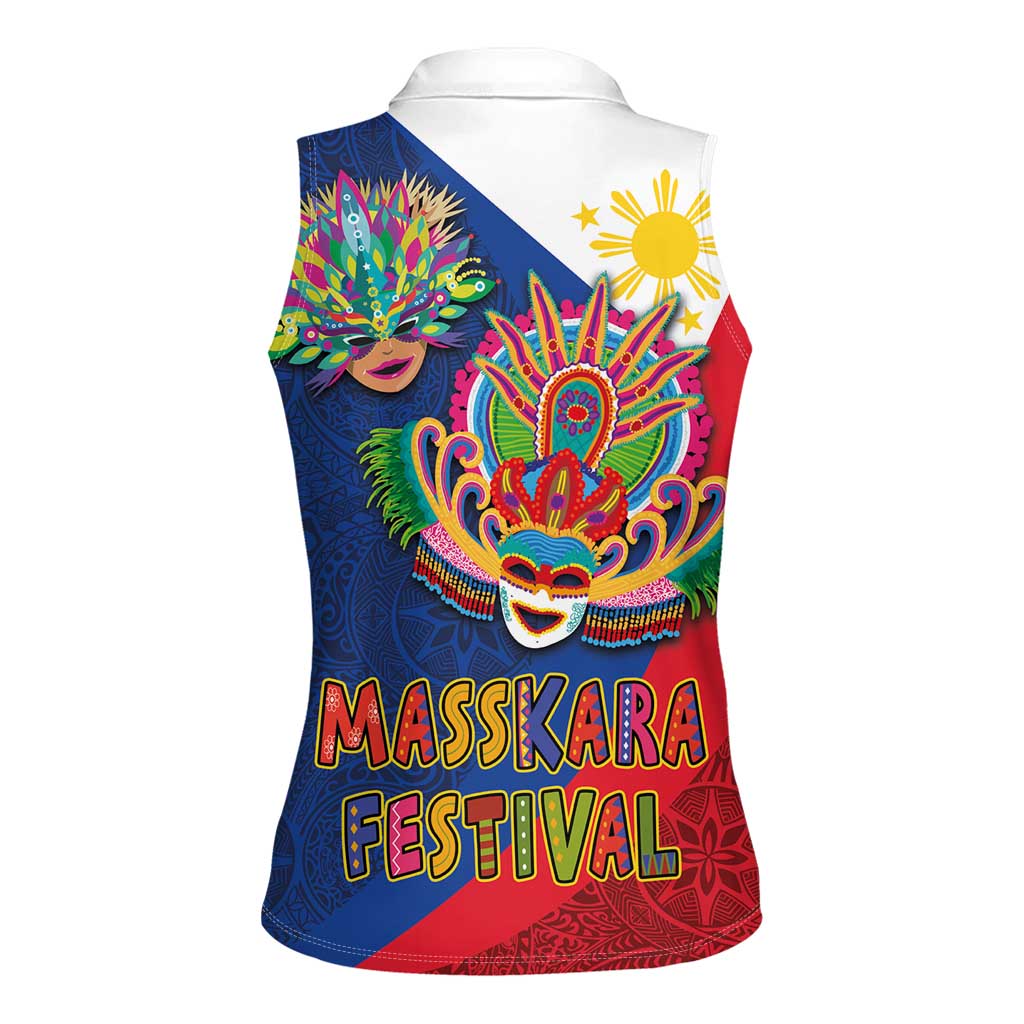 Philippines MassKara Women Sleeveless Polo Shirt Filipino Carnival Mask and Polynesian Pattern - Wonder Print Shop