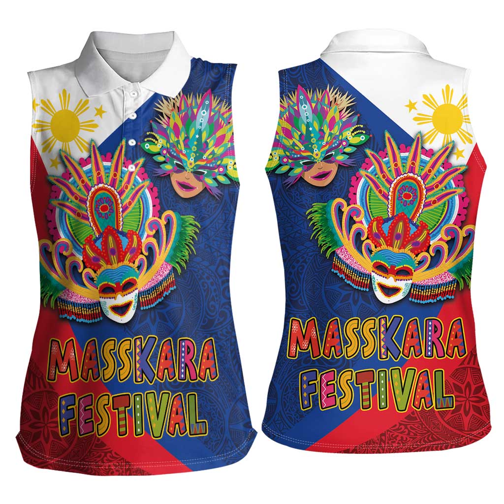 Philippines MassKara Women Sleeveless Polo Shirt Filipino Carnival Mask and Polynesian Pattern - Wonder Print Shop