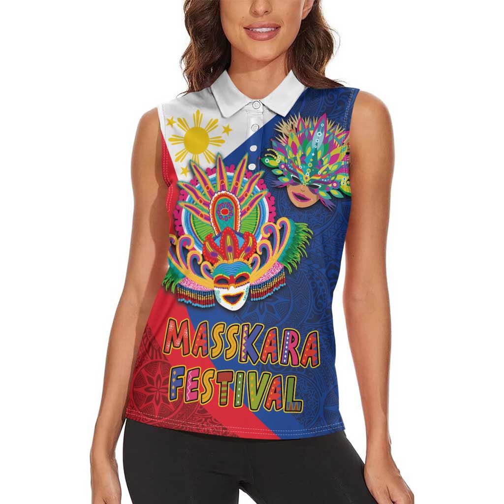Philippines MassKara Women Sleeveless Polo Shirt Filipino Carnival Mask and Polynesian Pattern - Wonder Print Shop