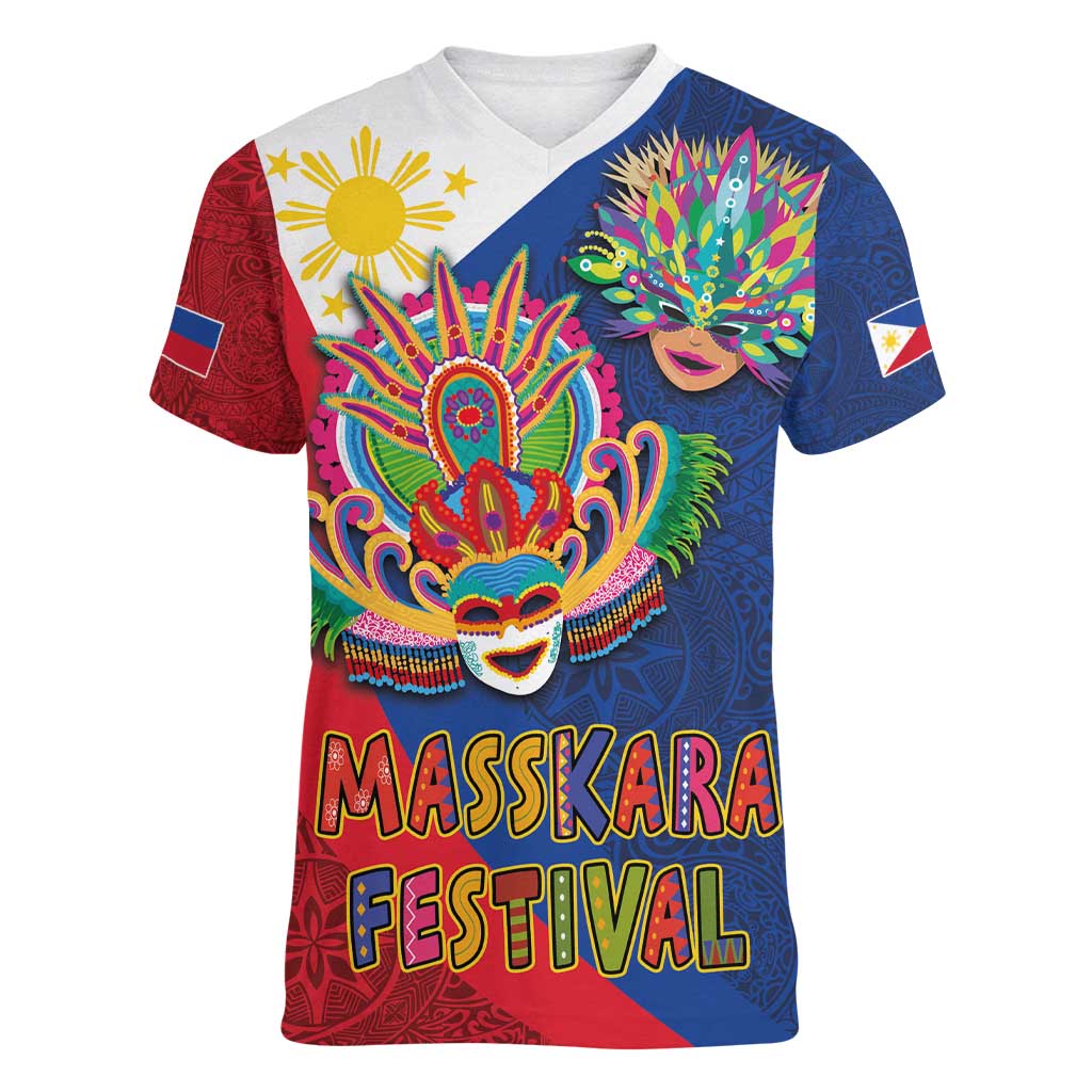 Philippines MassKara Women V-Neck T-Shirt Filipino Carnival Mask and Polynesian Pattern - Wonder Print Shop